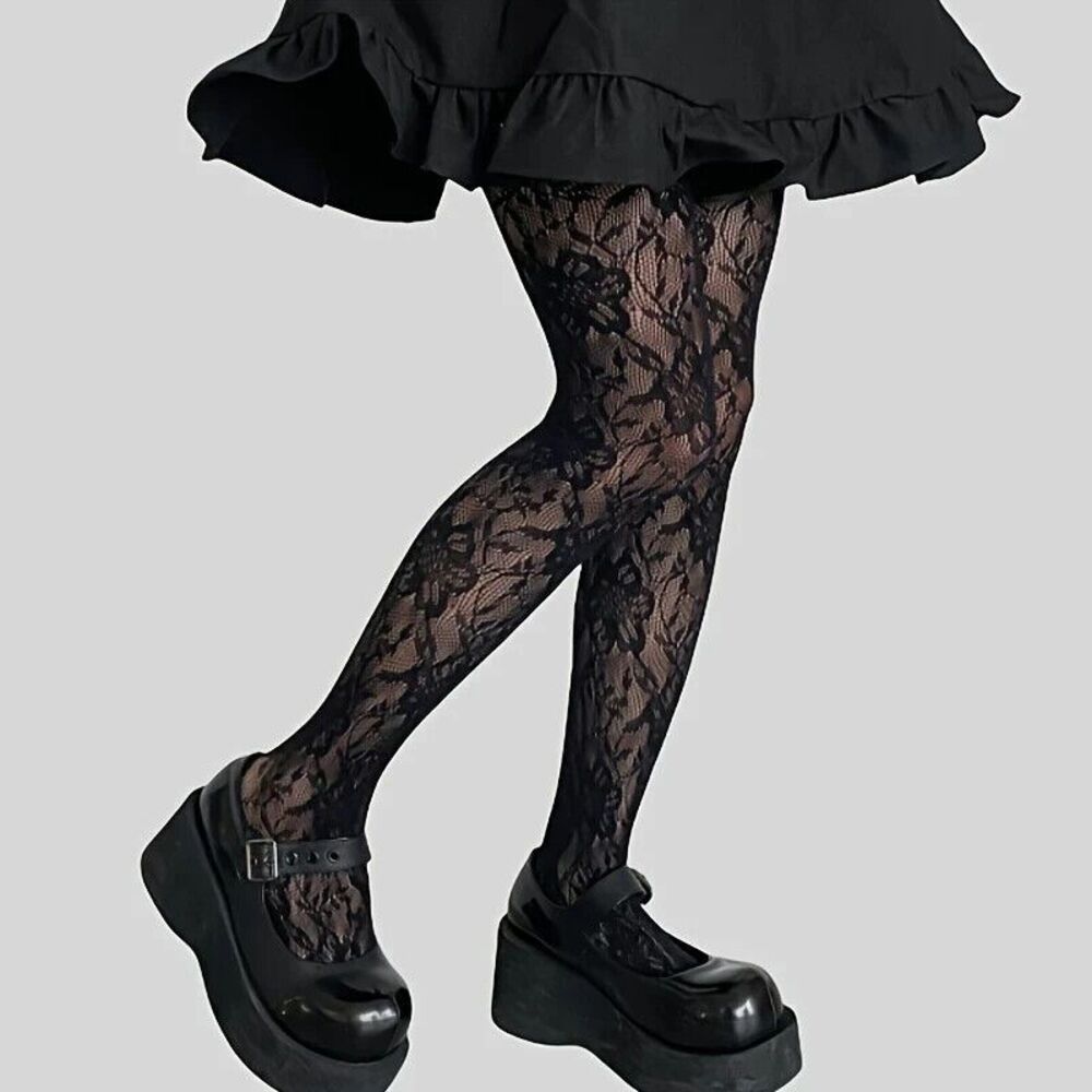 Women Black Net Stockings With Floral Pattern Sexy Match Any Outfit Tights NEW